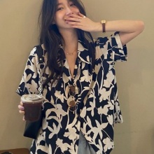 【PRxSHOP】鹽系復古桔梗印花襯衫chic溫柔設計感原宿BF風半袖...